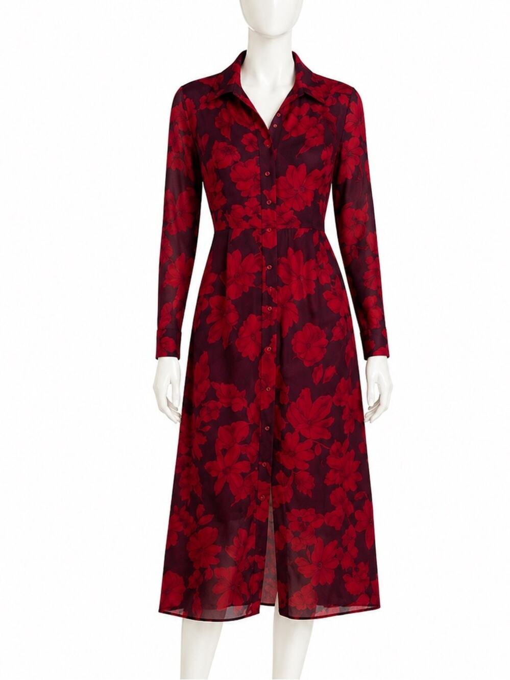 Cabi Red Floral Mesh Duster Dress Sheer Button Front Long Sleeve Size L